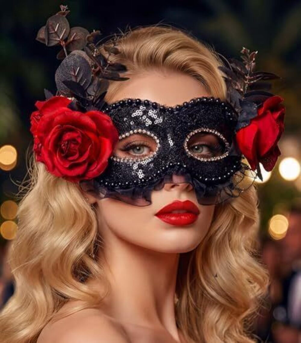 2557 Black Lace Masquarede Mask , Red Flower Sequins Antifaz, Crystal